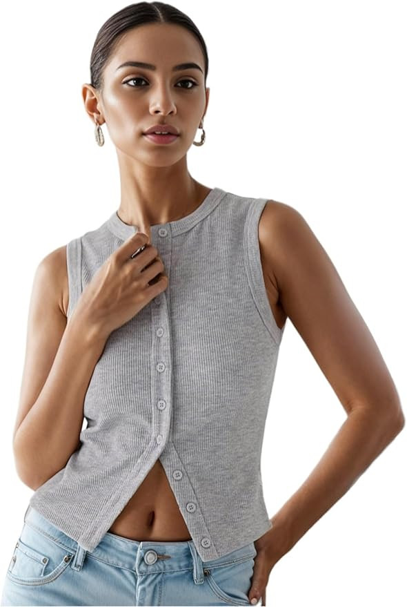 Women’s Button Down Tank Tops Ribbed Summer Vest Button Up Open Front Sleeveless Slim Fit Crop ... | Amazon (US)