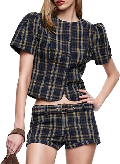 VOIKERDR Sexy Two Piece Outfits for Women Vintage Plaid Print Short Sleeve Top and Shorts Set | Amazon (US)