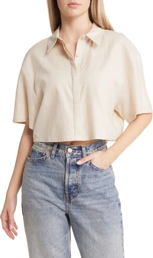 Crop Linen Blend Button-Up Shirt | Nordstrom