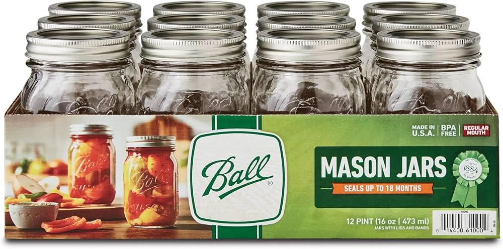 Ball Regular Mouth Mason Jars With Lids 16 Oz (12 Jars), Ball Regular Mouth 16 Oz Canning Jars | Amazon (US)