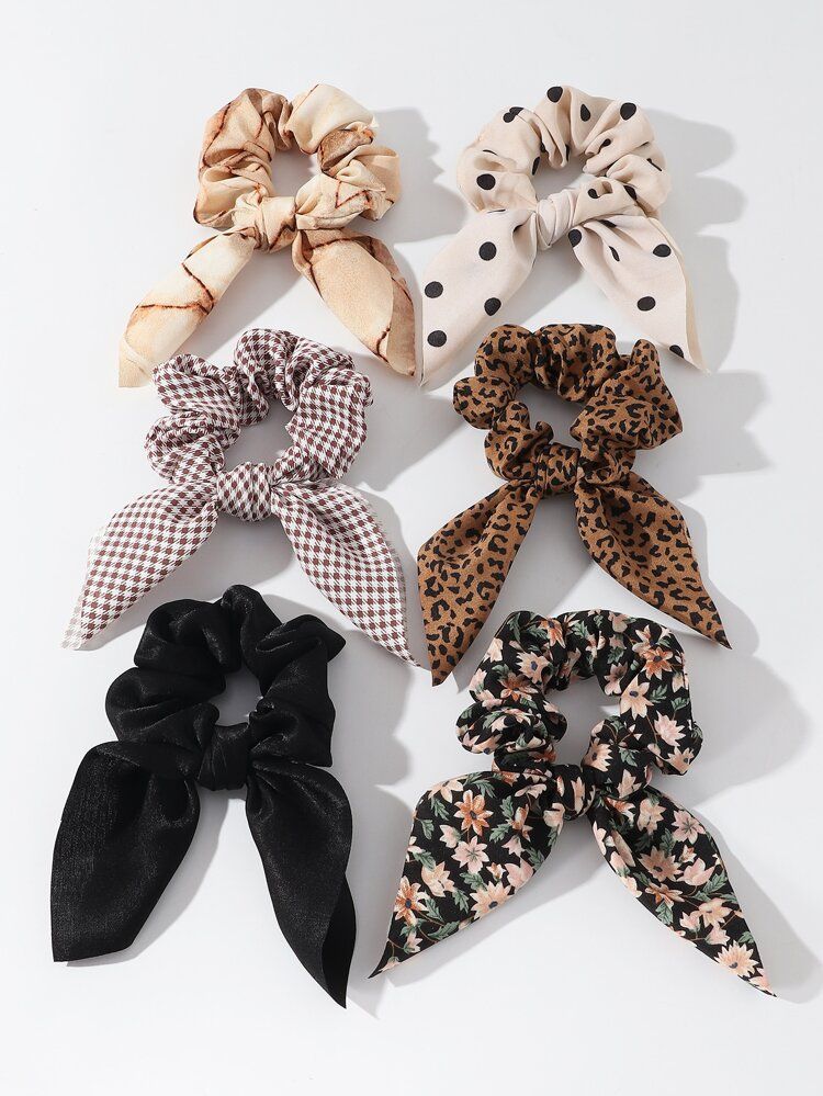 6pcs Flower & Leopard Print Scarf Hair Tie | SHEIN