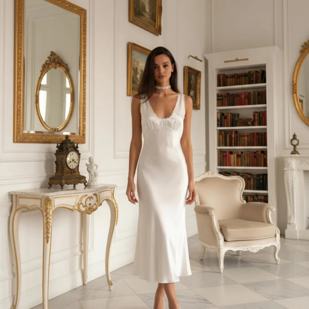 White Bridal Satin Lace Trim Slip Dress: V-Neck Sleeveless Midi | Etsy (US)