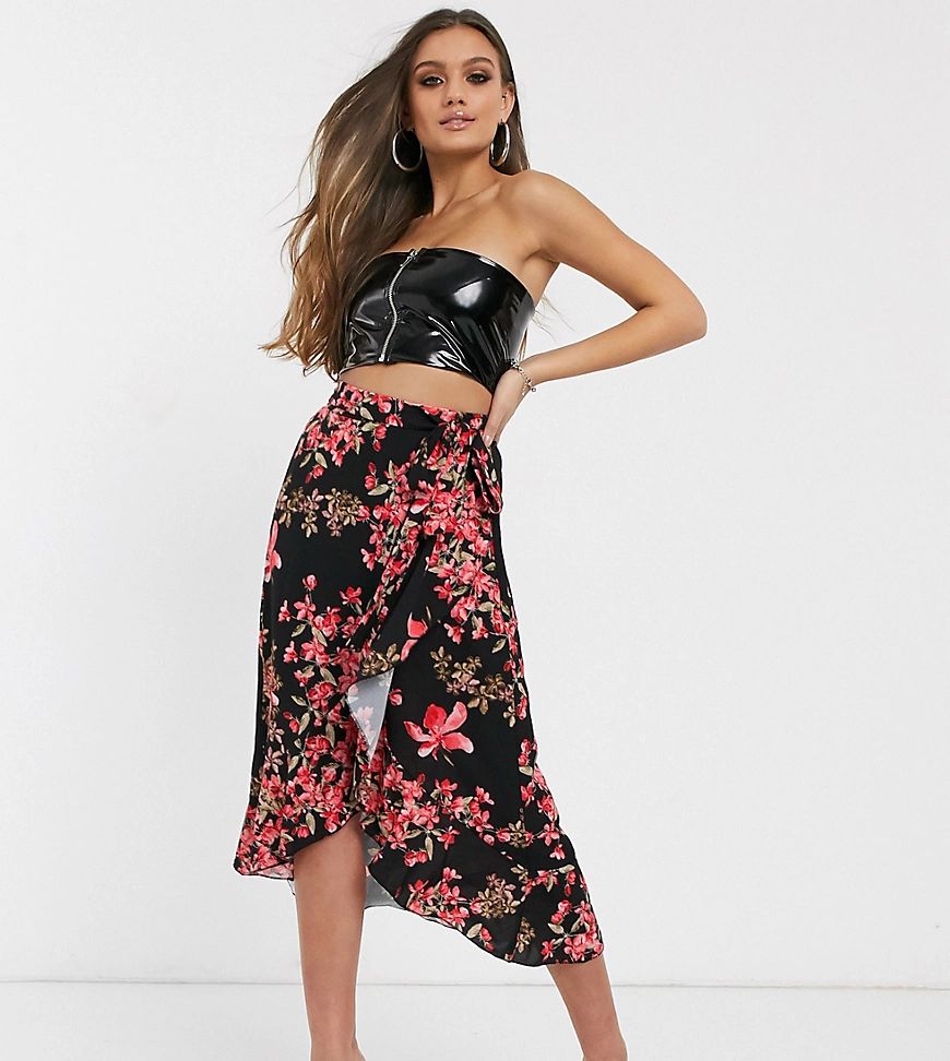 Boohoo Petite wrap midi skirt in black floral-Multi | ASOS (Global)