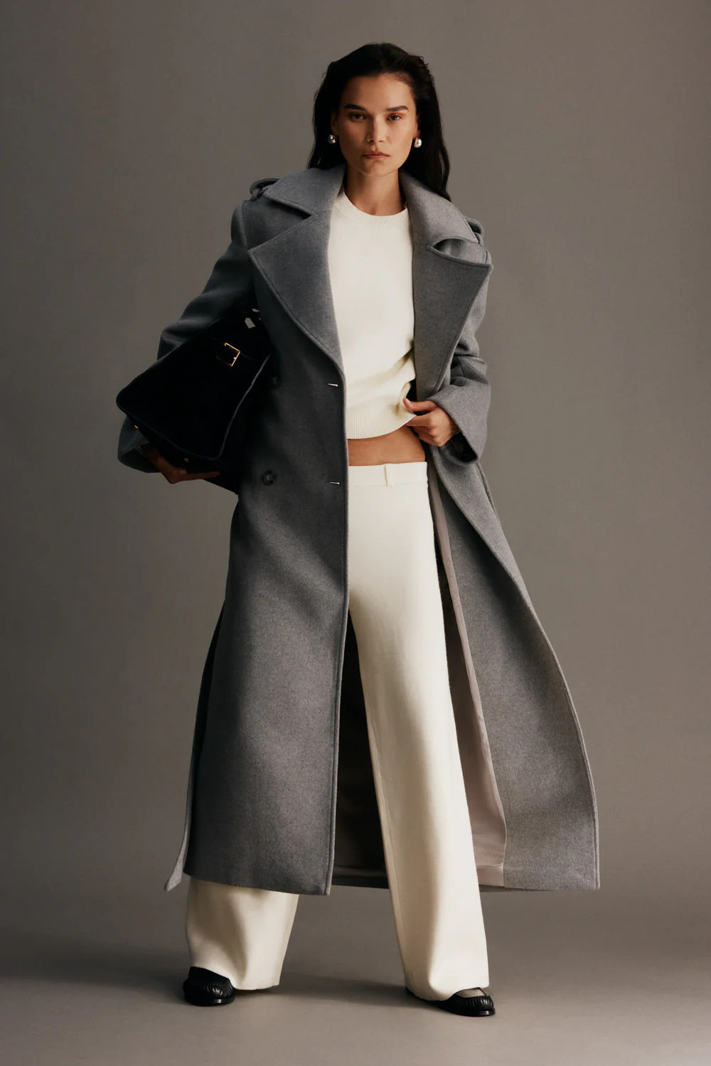 Levi Long Trench Wool Coat - Grey Marle | Meshki UK
