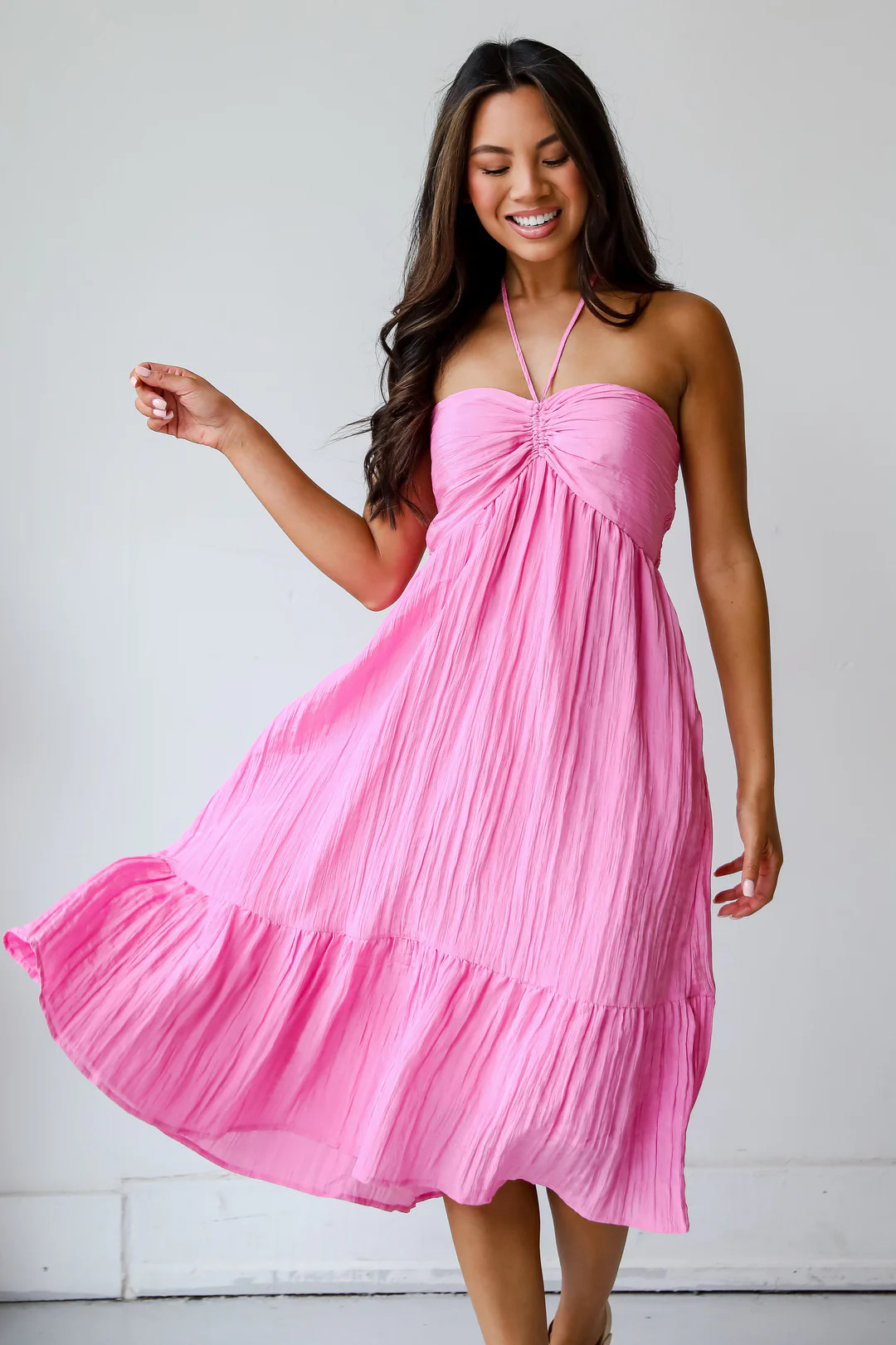 Sunny Serenity Pink Halter Midi Dress | Dress Up