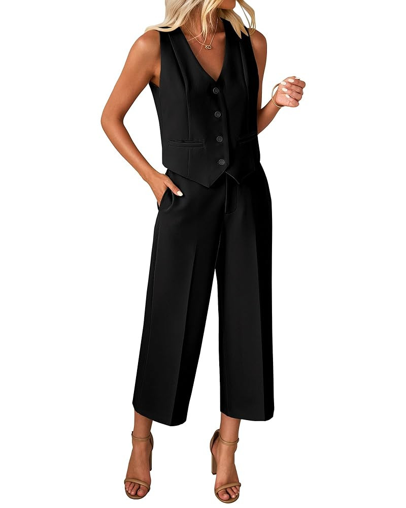 luvamia Pant Suits for Women Dressy Casual 2 Piece Sets Sleeveless Blazer Vest with Wide Leg Capr... | Amazon (US)