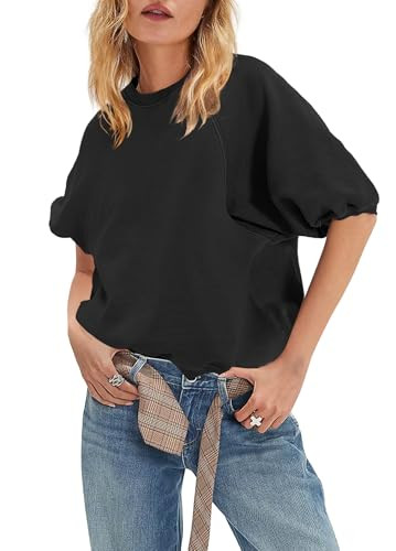Panadila Womens Oversized Short Sleeve Sweatshirt Crewneck Puff Sleeve Top | Amazon (US)
