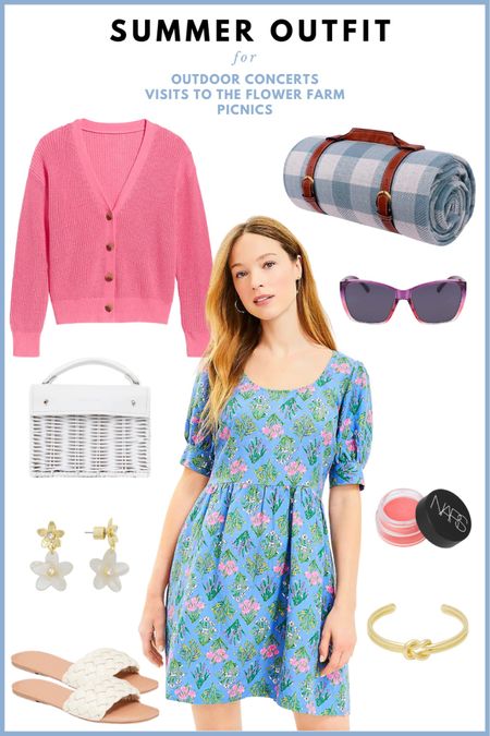 Summer outfit 2023 // floral summer dress, light sweater cardigan, wicker bag, floral earring, braided sandal, gold bracelet, cream blush, dark sunglasses, gingham picnic blanket 

#LTKstyletip #LTKunder50 #LTKSeasonal
