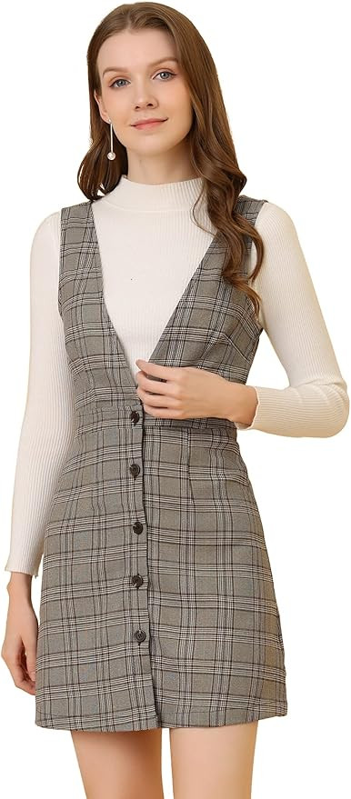 Allegra K Women's Overalls Suspenders Halloween V Neck Plaid Houndstooth Pinafore Dress | Amazon (US)