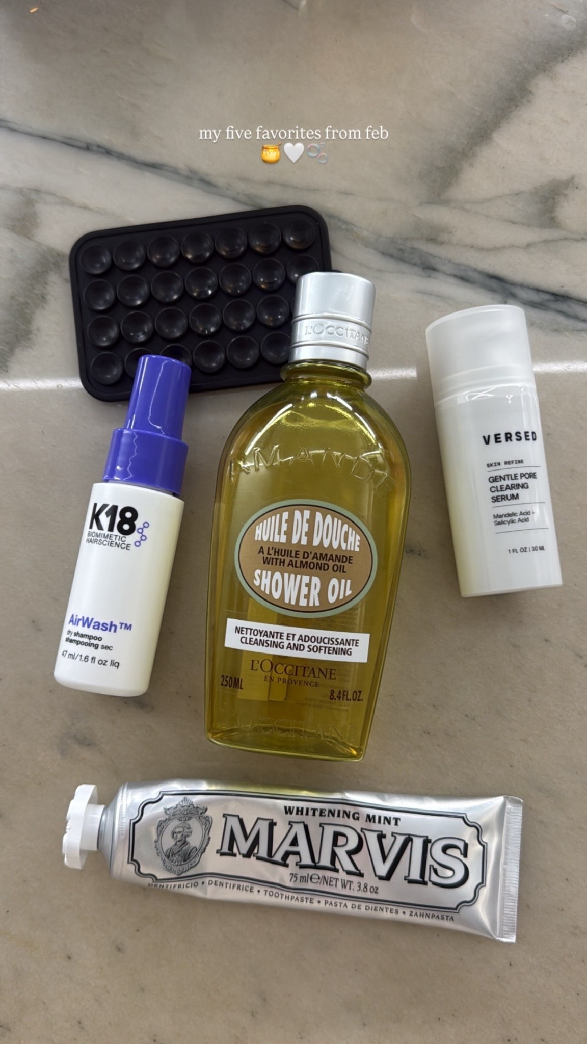my february five favorites  🍯🤍🫧 @k18hair @loccitane @versed #skincare #haircare #bodycare #favorites #beautyessentials  

 #LTKdayinmylife #LTKselfcare #LTKBeauty