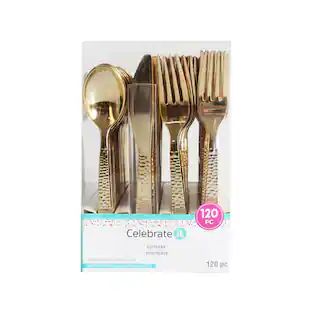 Gold Hammered Plastic Cutlery Set by Celebrate It™, 120ct. | Michaels | Michaels Stores