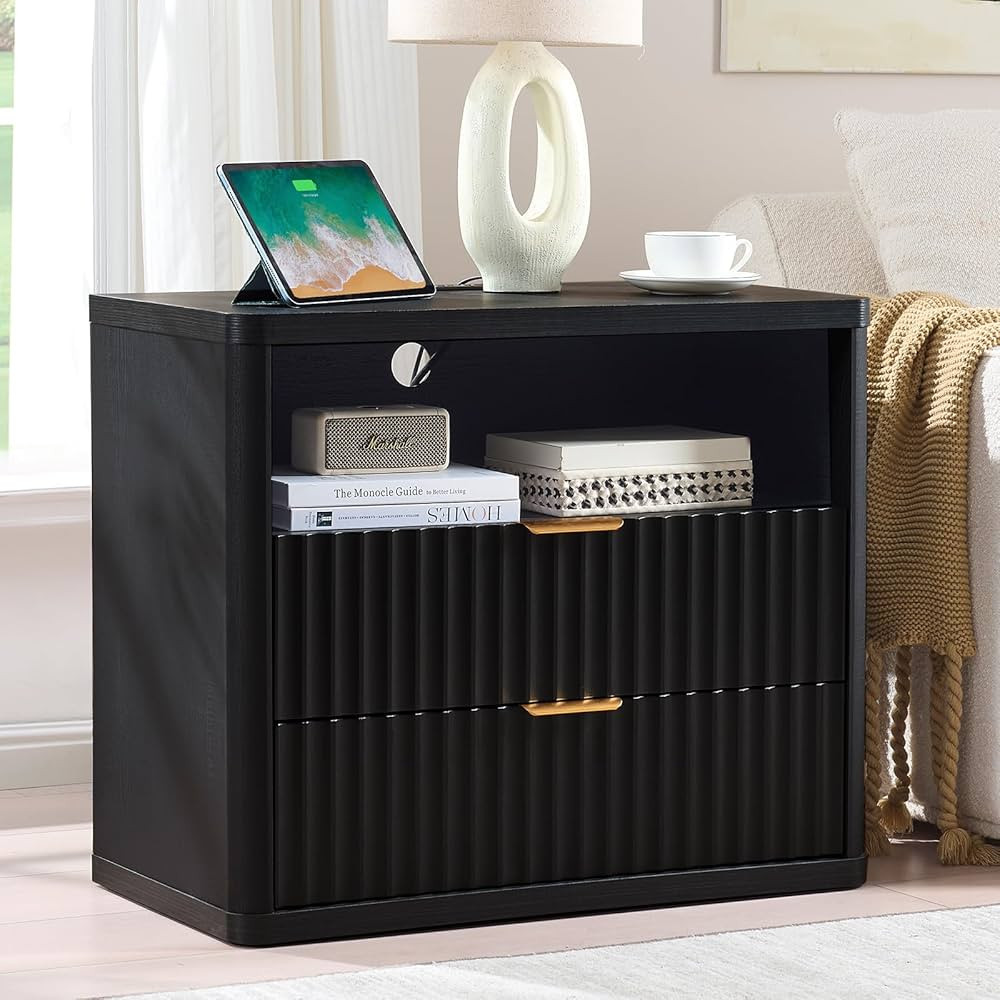 LEYAOYAO 31" Wide Fluted Nightstand with Charging Station, Oversized Extra Large 2 Drawers Night ... | Amazon (US)