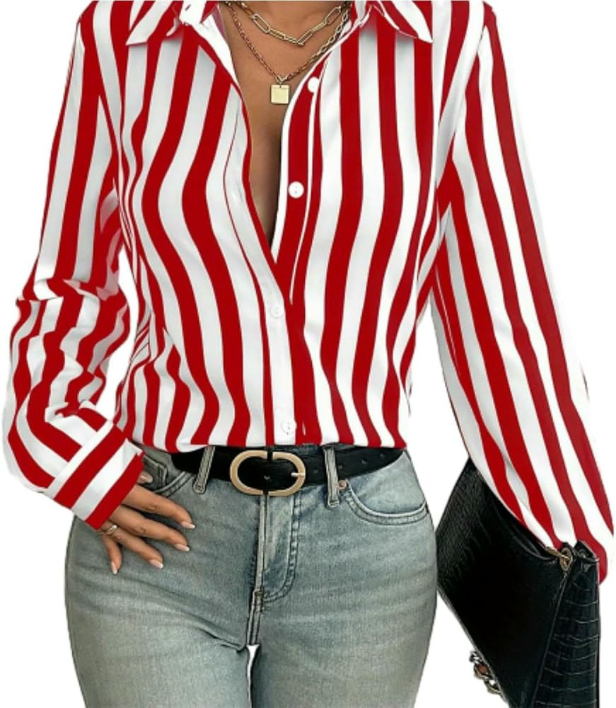DCEHGEW Women Elegant Black Striped Printed Lapel Button-Down Casual Long-Sleeved Shirt for Offic... | Amazon (US)