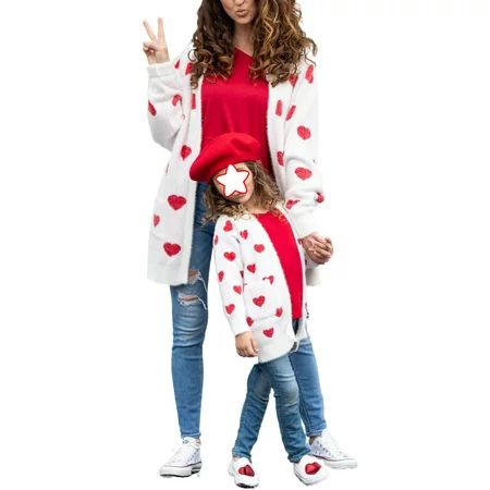 Mother and Me Matching Outfits Heart Sweater Cardigan Valentines Day Clothes Long Sleeve Sweater Out | Walmart (US)