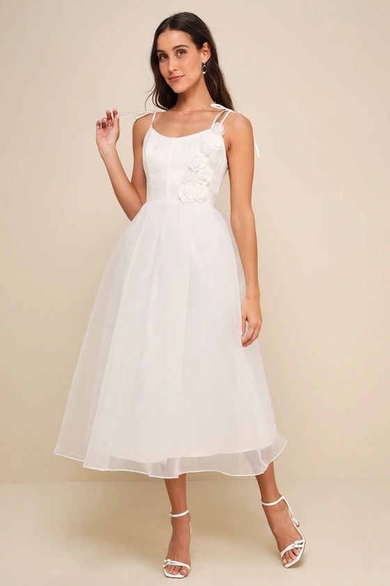 Intentionally Darling White Organza Tie-Strap Rosette Midi Dress | Lulus
