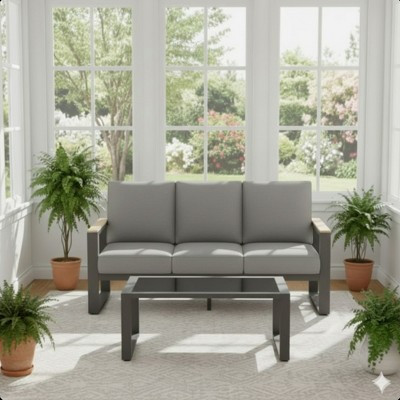 2-Piece 3-Seat Outdoor Sofa Couch Set, 75" All-Weather 3-Seat Aluminum Patio Sofa with Thick Gray Cushions & 44" Glass Coffee Table | Target