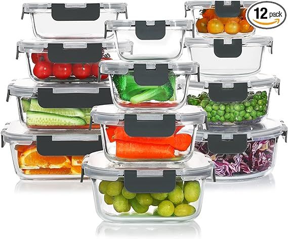 KOMUEE 24 Pieces Glass Food Storage Containers Set,Glass Meal Prep Containers-Stackable Airtight ... | Amazon (US)