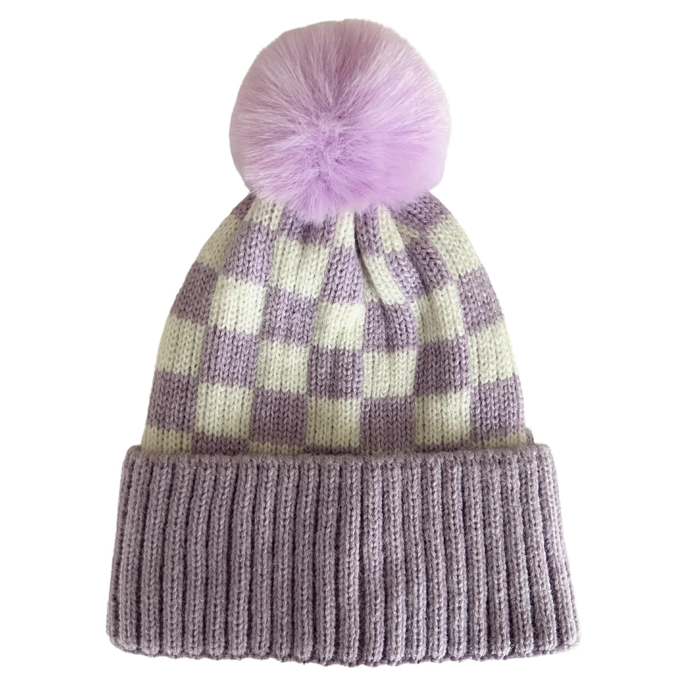 Checkerboard Fur Pom Hat, Wisteria | SpearmintLOVE