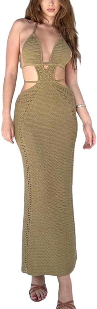 Women's Crochet Knit Maxi Dress Halter Bodycon Dress Sleeveless Tie Backless Cut Out Summer Beach... | Amazon (US)