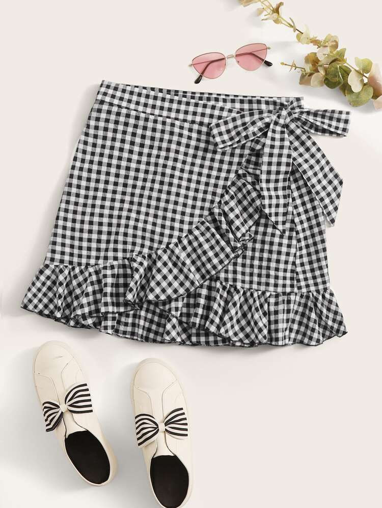 SHEIN VCAY Gingham Ruffled Wrap Mini Skirt | SHEIN