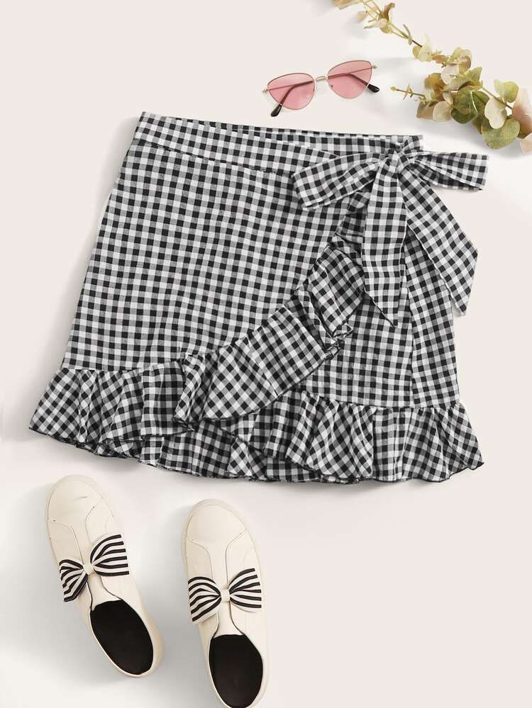 SHEIN Gingham Ruffled Wrap Mini Skirt | SHEIN