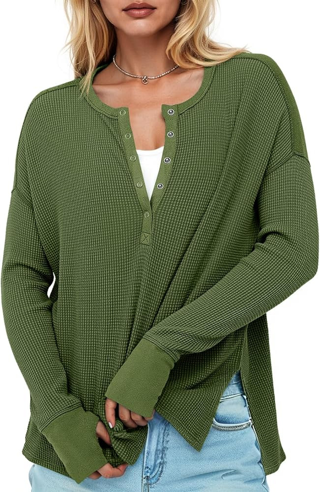 Tankaneo Womens Long Sleeve Henley Shirts Deep V Neck Waffle Knit Tunic Tops with Thumb Hole | Amazon (US)