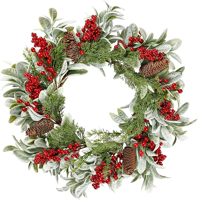 Sggvecsy 19 Inch Artificial Christmas Wreath for Front Door Flocked Lambs Ear Wreath with Red Ber... | Amazon (US)