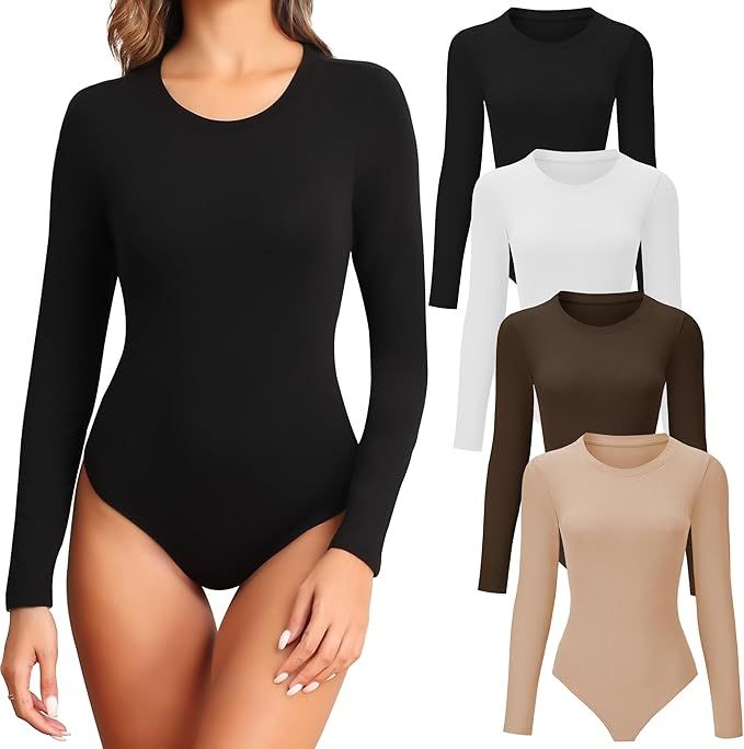 TVKSOM 4/5 Pack Long Sleeve Bodysuit for Women Round Neck Casual Basic Stretchy Body Suits Tops | Amazon (US)