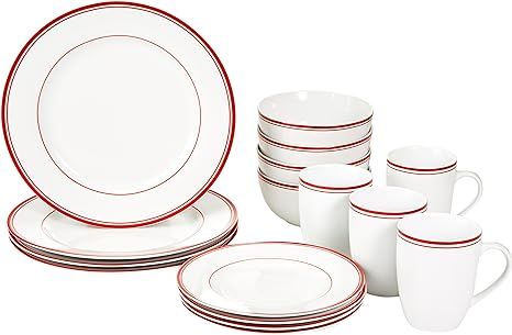 Amazon Basics 16-Piece Cafe Stripe Kitchen Dinnerware Set, Plates, Bowls, Mugs, Service for 4, Re... | Amazon (US)