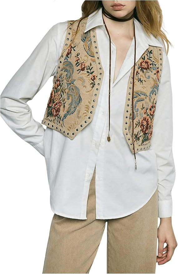 Verdusa Women's Western Boho Open Front V Neck Sleeveless Jacquard Tops Cow Girl Boho Vest Jacket | Amazon (US)