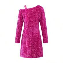 Tween Girls Irregular Shoulder Sparkly Dress | SHEIN