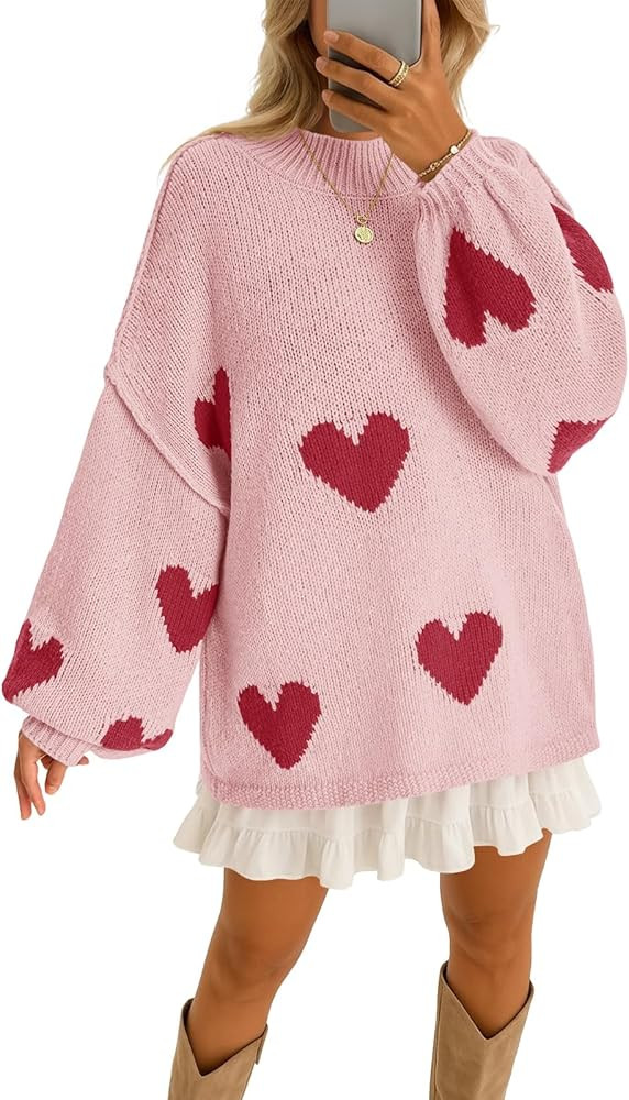 Saodimallsu Womens Oversized Heart Sweater Valentines Cute Mock Neck Chunky Knit Long Sleeve Tuni... | Amazon (US)