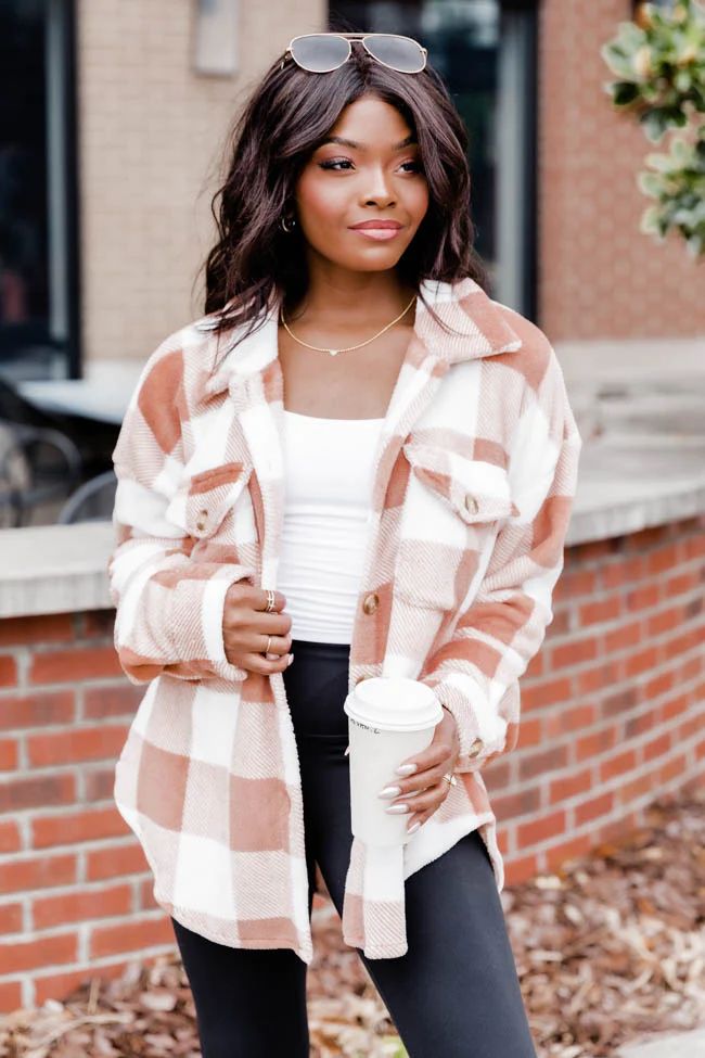 Wind Down Camel Fleece Plaid Shacket | Pink Lily