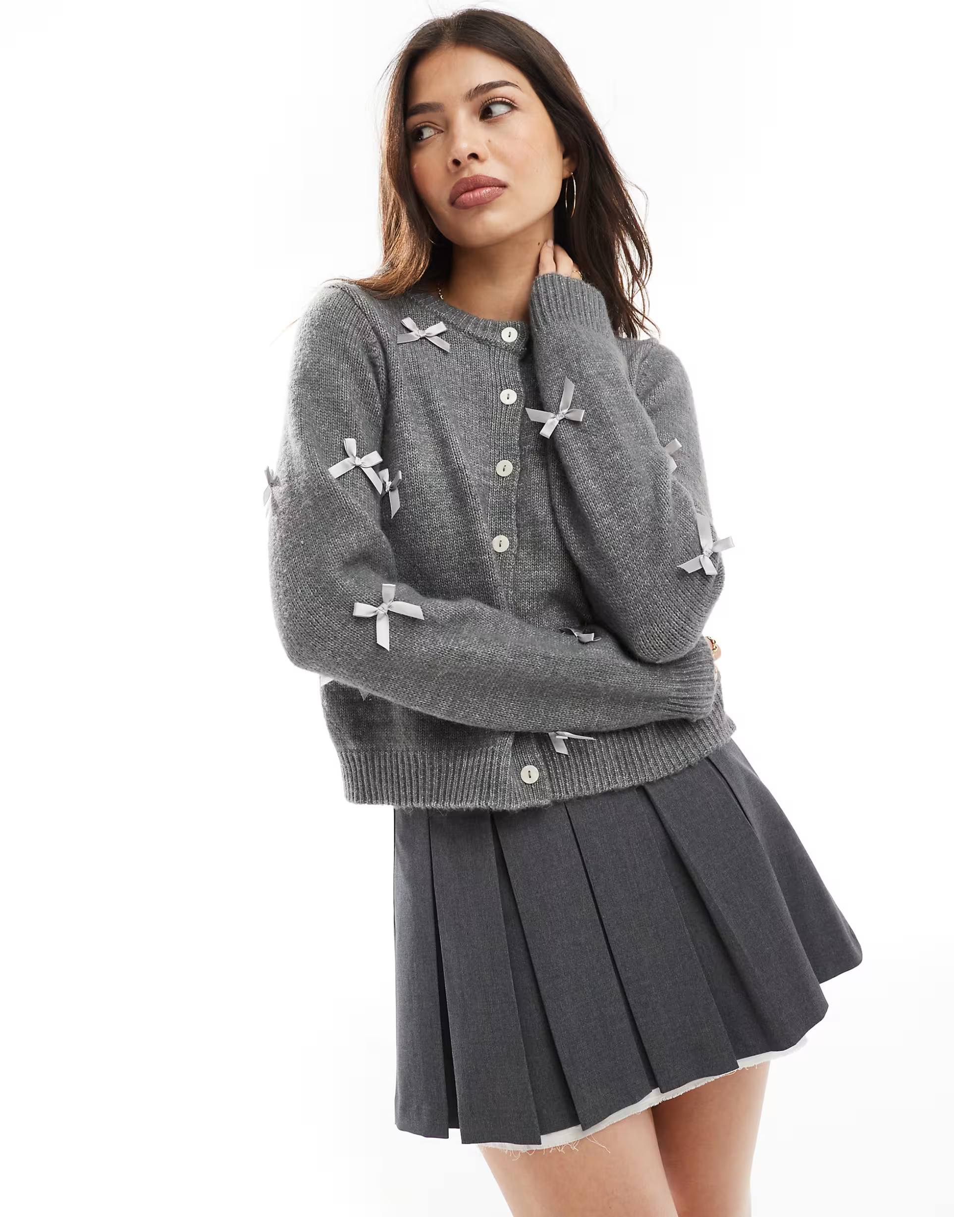 Cotton On crew neck cardigan with bow details in graphite | ASOS (Global)