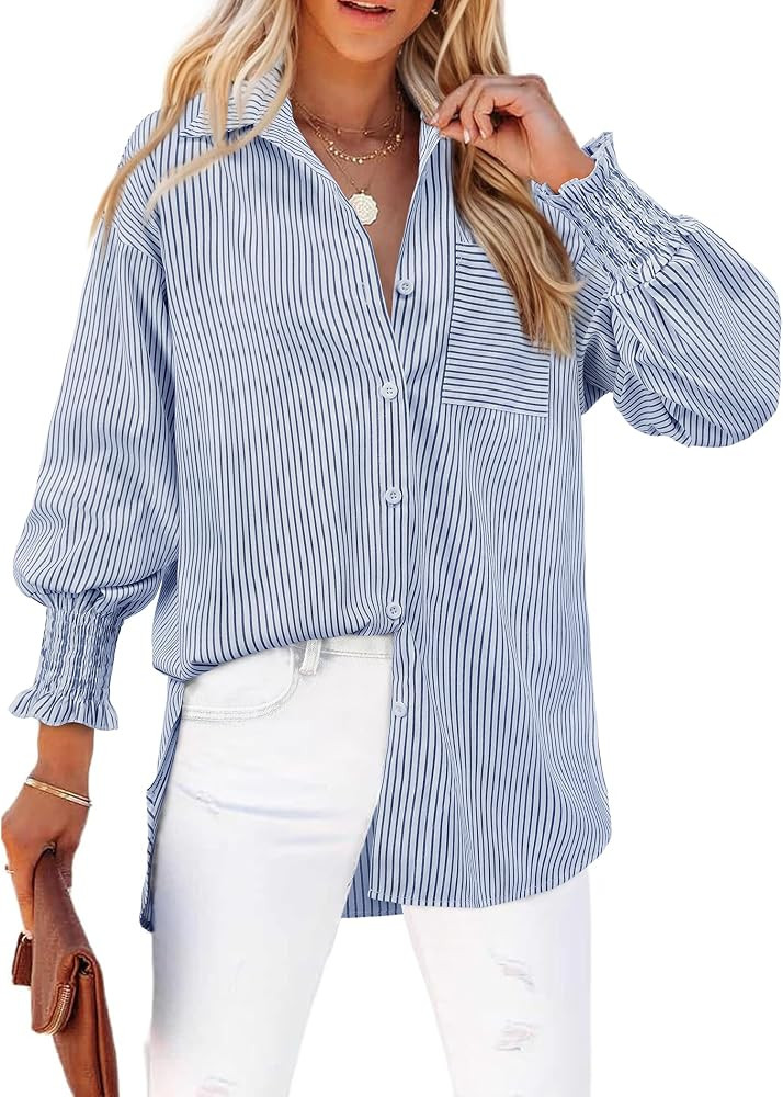 Womens Striped Button Down Shirts Smocked Long Puff Sleeve Oversized Boyfriend Blouses Loose Pock... | Amazon (US)