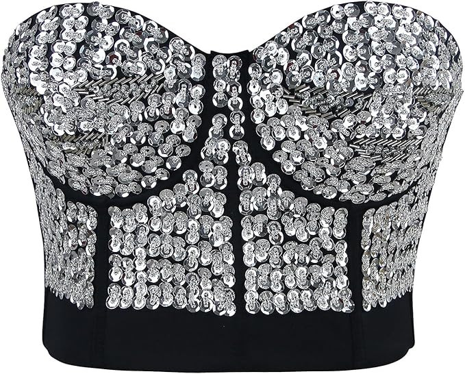 Charmian Women's Burlesque Fashion Beaded Sequins Push Up Crop Top Bustier Bra | Amazon (US)