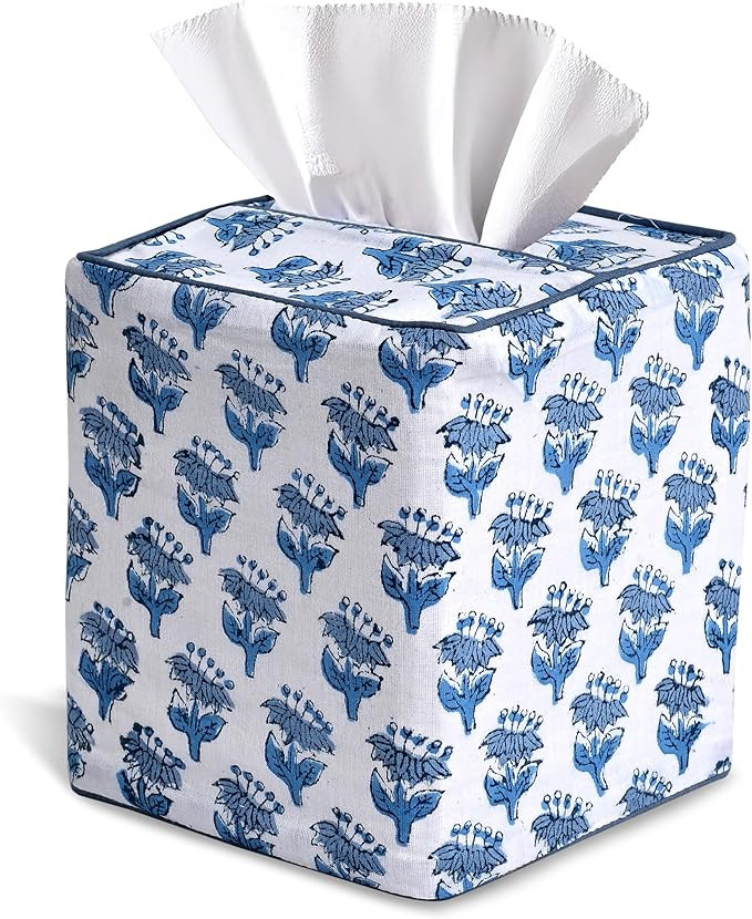 CPC Apatite Blue Hand Block Printed Cotton Tissue Box Cover 5" x 5" x 5.5" Square Soft Reusable B... | Amazon (US)