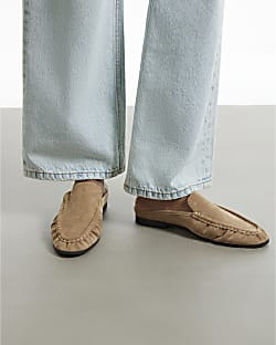 Beige Faux Suede Backless Ruched Loafers | River Island UK & IE