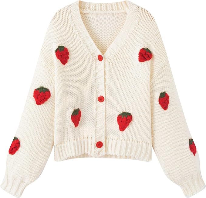 Xunger Women’s Cute Strawberry Knit Sweater Aesthetic Kawaii Cardigan for Teen Girls Y2K Floral... | Amazon (US)