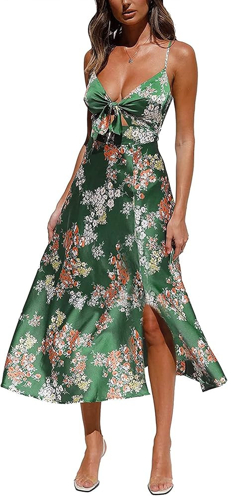 Fashionme Women Spaghetti Strap Midi Satin Dresses Tie Front Backless Split Hollow Dress | Amazon (US)