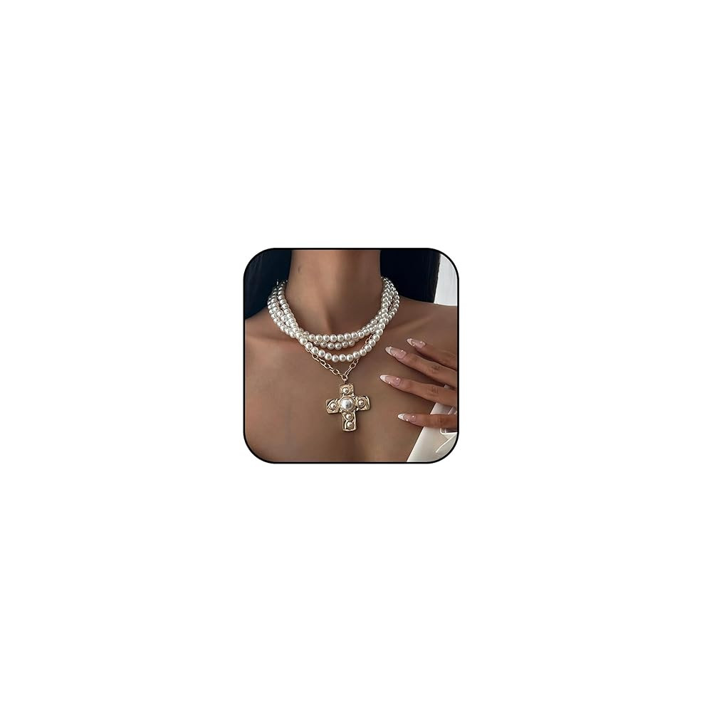 Gold Chunky Cross Necklace Women Statement Pendant Layered Hammered Bold Cross Vintage Toggle Cla... | Amazon (US)