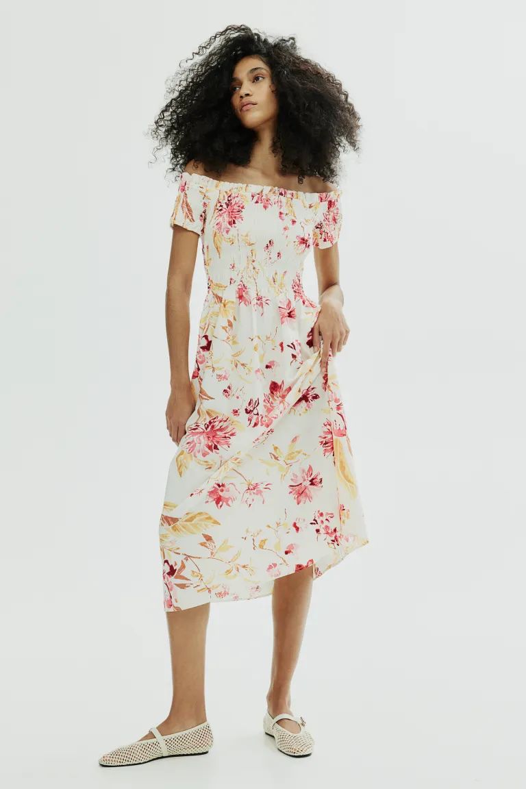 Smocked Off-the-shoulder Dress - Cream/floral - Ladies | H&M US | H&M (US + CA)