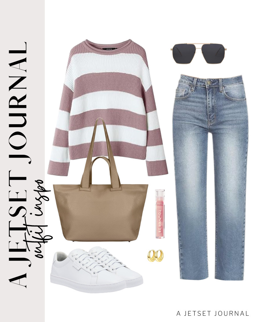 I’m a big fan of this outfit combination of a pink striped sweater and cropped straight-leg jeans. You can style it with gold hoop earrings and Sorel sneakers. 

 #LTKSeasonal #LTKSaleAlert #LTKTravel