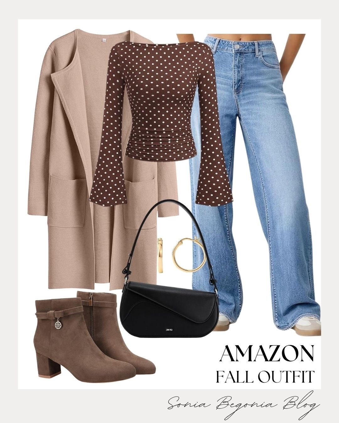 Step into fall with this chic, effortless Amazon outfit! 🤎
A brown polka dot long-sleeve top styled with classic light-wash jeans and a cozy beige cardigan coat for easy layering.

Finished with suede ankle boots, a sleek black shoulder bag, and gold hoop earrings for a polished everyday look. ✨

#AmazonFashion #FallOutfit #OOTD #LTKfashion #CasualStyle #EverydayLook #AutumnInspo #StreetStyle #CardiganWeather

#LTKSeasonal #LTKootd