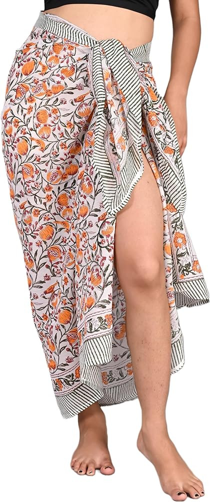 100% Cotton Hand Block Printed Sarong Womens Swimsuit Wrap Cover Up, Beach Bikini Skirt Pareo Sca... | Amazon (US)