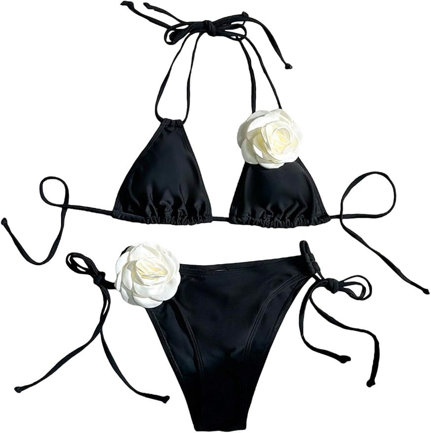 Women's 2 Piece Bathing Suit Floral Appliques Halter Tie Back Triangle Bikini High Waisted Bathin... | Amazon (US)