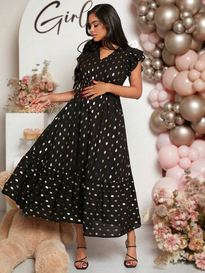 SHEIN Maternity Gold Dot Print Ruffle Hem Dress | SHEIN