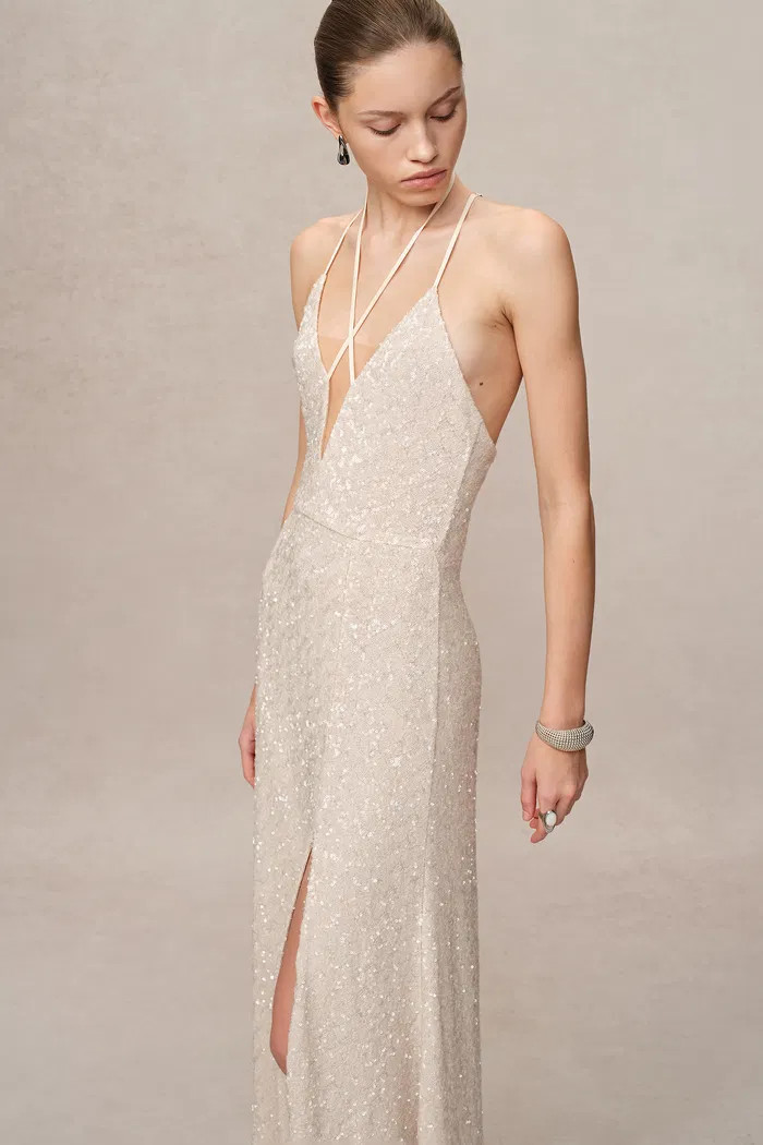 Anita Handcrafted Embellishment Slit Slip Dress in Crystal Sequin Lace | Fabrique