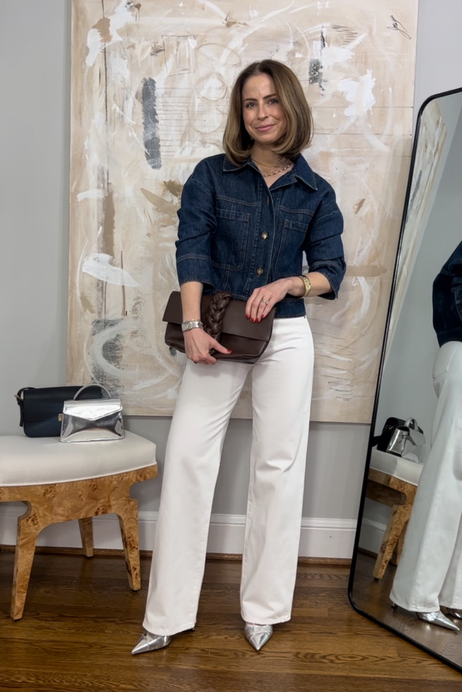 Wide leg white jeans citizens of humanity
Sezane denim jacket out
Metallic heels sling backs old but love the Sam Edelman version
Chocolate brown clutch Demellier last year 

#LTKshoecrush #LTKstyletip