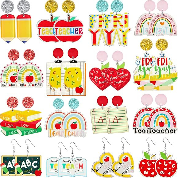 16 Pairs Acrylic Teacher Earrings for Women Bulk Teacher Appreciation Earrings Teacher Christmas ... | Amazon (US)